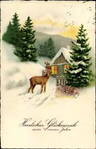 Ak Glückwunsch Neujahr, Rehbock, Tannenbäume, Haus
