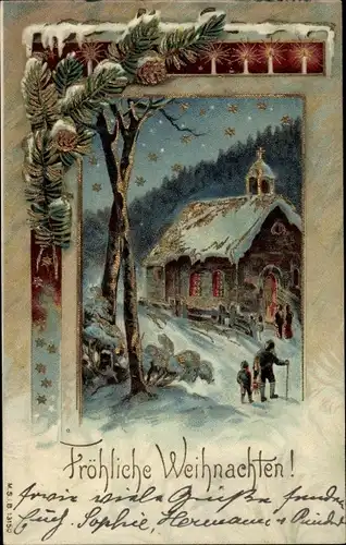 Winter Präge Litho Glückwunsch Weihnachten, Winterlandschaft mit Kirche, Sterne