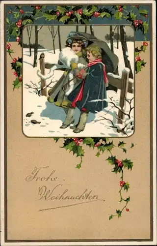 Präge Ak Glückwunsch Weihnachten, Kinder im Schnee, Stechpalmenzweige