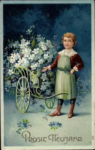 Ak Glückwunsch Neujahr, Kind mit Blumenwagen, Vergissmeinnicht