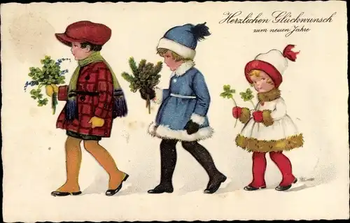 Ak Glückwunsch Neujahr, Junge und Mädchen mit Kleeblättern