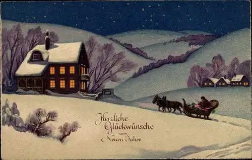 Ak Glückwunsch Neujahr, Winterlandschaft mit Häusern und Schlittengespann