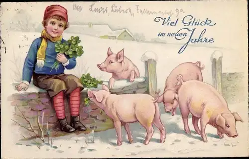Ak Glückwunsch Neujahr, Junge mit Kleeblättern, Schweine