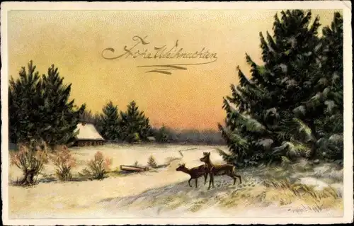 Ak Glückwunsch Weihnachten, Winterlandschaft mit Rehen