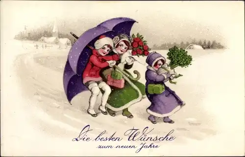 Ak Glückwunsch Neujahr, Kinder mit Regenschirm, Kleeblätter, Winterlandschaft