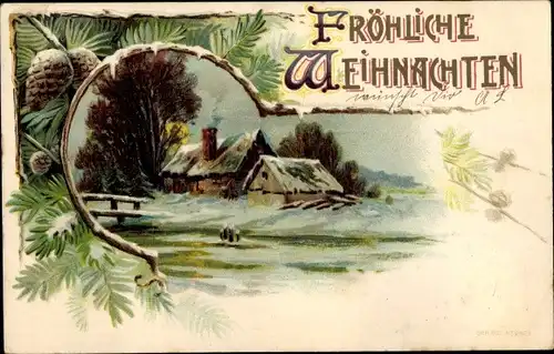 Litho Glückwunsch Weihnachten, Winterlandschaft, Haus, Tannenzweige