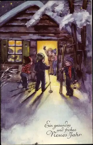 Ak Glückwunsch Neujahr, Skifahrer vor einer Holzhütte
