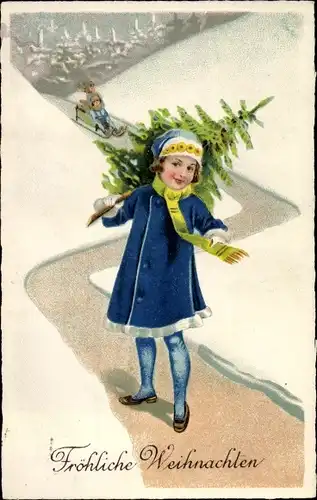 Ak Glückwunsch Weihnachten, Mädchen mit Tannenbaum, Schlitten
