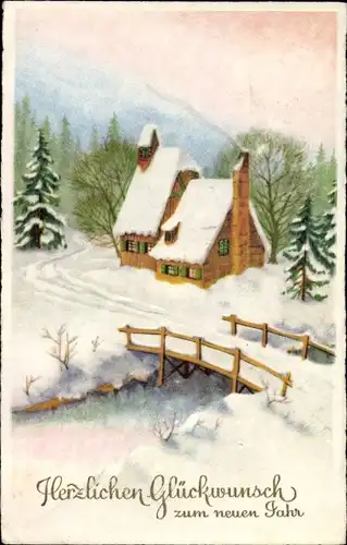 Ak Glückwunsch Neujahr, Winterlandschaft mit Haus, Brücke