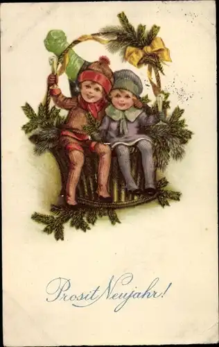 Ak Glückwunsch Neujahr, Kinder, Korb mit Sektflasche