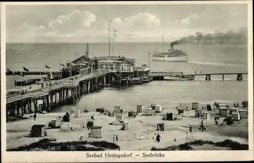 Ak Ostseebad Heringsdorf auf Usedom, Seebrücke, Strand, Fährschiff