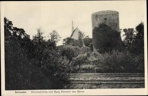 Ak Salzwedel in der Altmark, Mönchskirche und Burg Albrecht des Bären