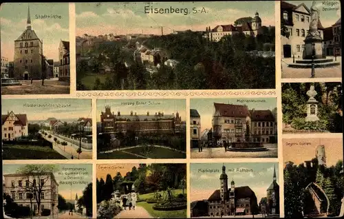 Ak Eisenberg in Thüringen, Stadtkirche, Herzog Ernst Schule, Geyers Garten, Denkmal, Markt, Rathaus