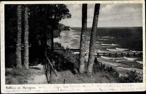 Ak Ostseebad Sellin auf Rügen, Meer vom Wald aus gesehen, Seebrücke