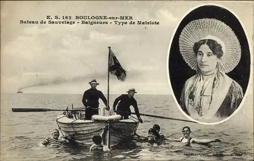 Ak Boulogne sur Mer Pas de Calais, Bateau de Sauvetage, Baigneurs, Type de Matelote