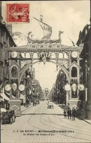 Ak Rouen Seine Maritime, Millenaire Normand 1911, Le Drakar rue Jeanne d'Arc