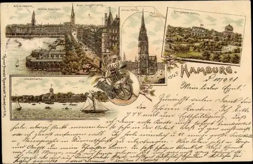 Litho Hamburg Mitte Altstadt, Uhlenhorst, Alsterpavillon, Zoolog. Garten, Alsterdamm