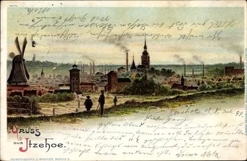 Litho Itzehoe in Holstein, Panorama, Windmühle, Kirche