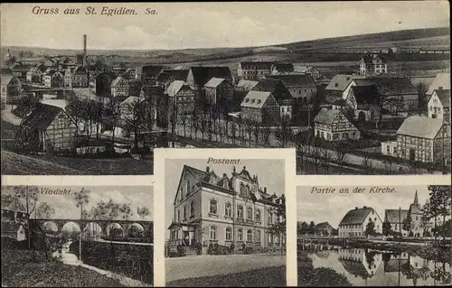 Ak Sankt Egidien in Sachsen, Totale, Kirchpartie, Postamt, Viadukt