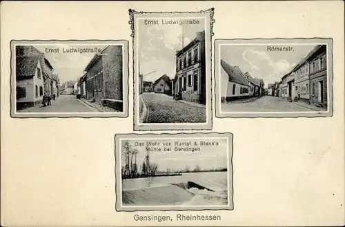 Ak Gensingen Rheinhessen, Ernst Ludwig Straße, Römerstraße, Wehr v. Rumpf & Blanks Mühle