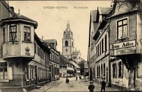 Ak Groß Gerau in Hessen, Kirchstraße, Gasthof Zum Adler, Automobilstation, Kirchturm