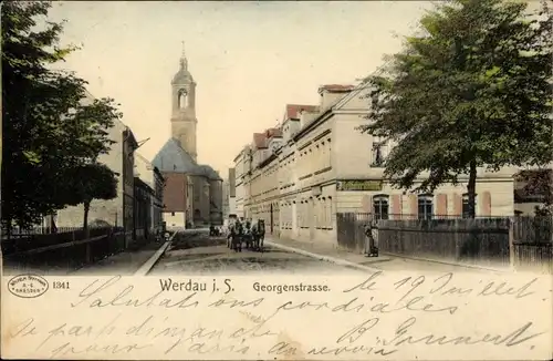 Ak Werdau an der Pleiße in Sachsen, Partie auf der Georgenstraße, Restauration, Kirche