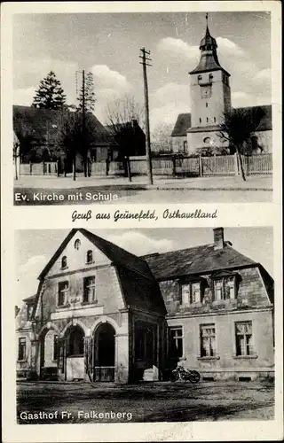 Ak Grünefeld Schönwalde Glien Havelland, Ev. Kirche, Schule, Gasthof Fr. Falkenberg