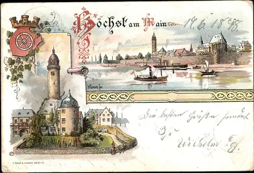 Künstler Litho Höchst Frankfurt am Main, Gesamtansicht, Schloss