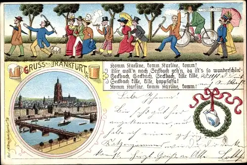 Litho Frankfurt am Main, Ausflugsgesellschaft nach Seckbach, Komm Karline