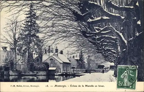 Ak Montargis Loiret, Ecluse de la Marolle en hiver