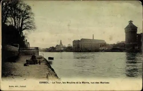 Ak Corbeil Essonne, La Tour, les Moulins, La Mairie, vus des Marines