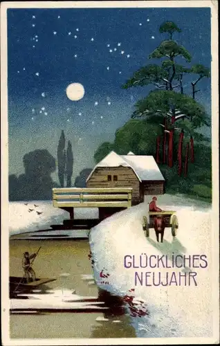 Ak Glückwunsch Neujahr, Winterlandschaft, Mondschein, Karren, Gebäude