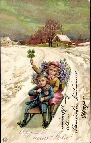 Ak Glückwunsch Neujahr, Junge und Mädchen auf einem Schlitten, Kleeblatt