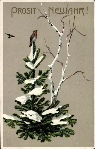 Ak Glückwunsch Neujahr, Tannenbaum, Vögel, Schnee