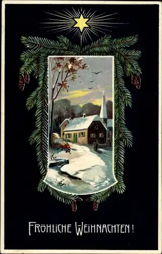 Präge Ak Frohe Weihnachten, Verschneites Dorf, Kirche, Stern, Tannenzweige