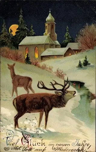 Präge Ak Glückwunsch Neujahr, Hirsch, Winterlandschaft, Kirche