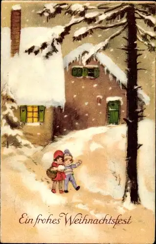 Ak Frohe Weihnachten, Winterlandschaft, Kinder, verschneites Haus