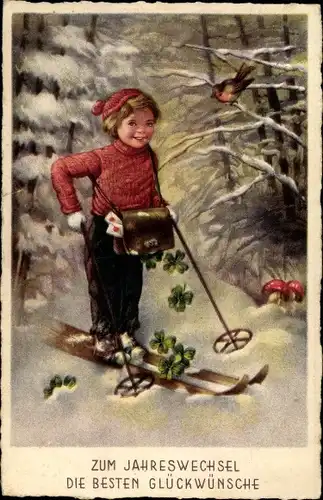 Ak Glückwunsch Neujahr, Kind auf Skiern, Posttasche, Kleeblätter, Fliegenpilze