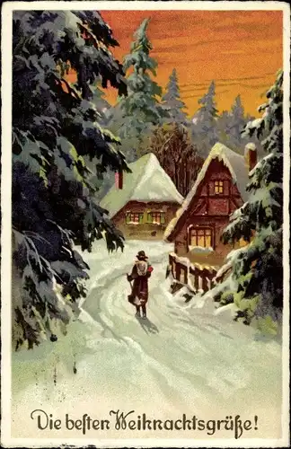 Ak Frohe Weihnachten, Verschneites Dorf, Wanderer