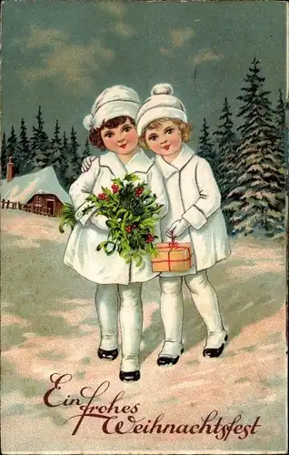 Ak Glückwunsch Weihnachten, Mädchen, Schnee, Geschenk, Stechpalmenzweige, Mistelzweige