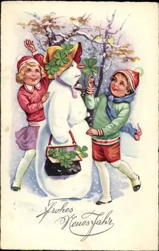 Ak Glückwunsch Neujahr, Schneemann, Kinder, Glücksklee, Handtasche, Hut