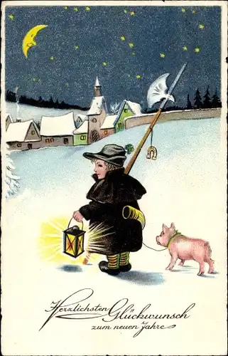 Ak Glückwunsch Neujahr, Nachtwächter mit Schwein, Dorf im Mondschein