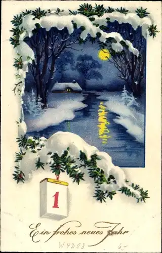 Ak Glückwunsch Neujahr, Winterlandschaft im Mondschein, Kalender