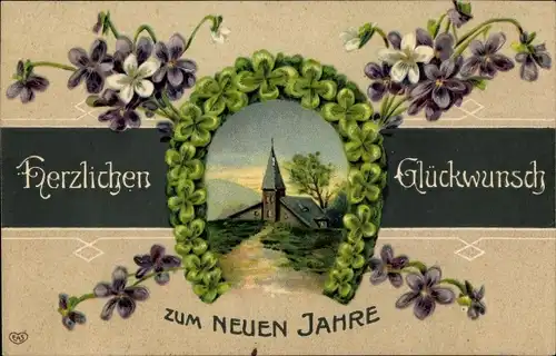 Präge Ak Glückwunsch Neujahr, Hufeisen aus Kleeblättern, Kirche, Veilchen