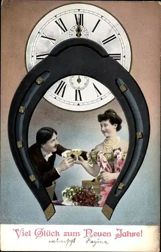 Präge Ak Glückwunsch Neujahr, Liebespaar, Hufeisen, Uhr