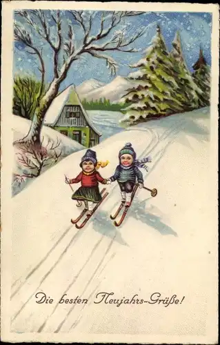 Ak Glückwunsch Neujahr, Kinder auf Skiern