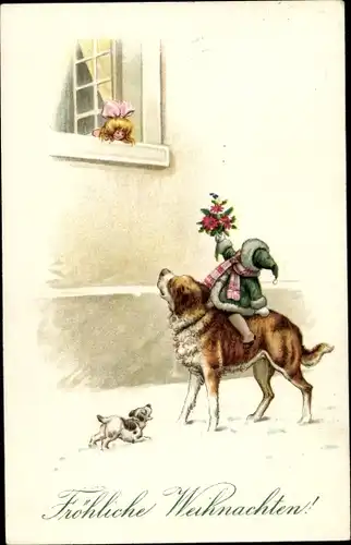 Ak Glückwunsch Weihnachten, Kind reitet auf einem Hund