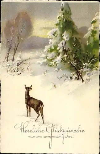Ak Glückwunsch Neujahr, Winterlandschaft mit Reh