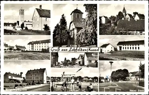 Ak Lohfelden in Hessen, Kirche, Gemeindehaus, Volksschule, Bürgermeisteramt, Ochshauserstraße
