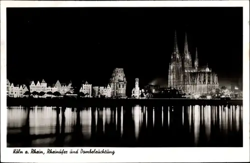 Ak Köln am Rhein, Panorama, Rheinufer, Dombeleuchtung, Nacht